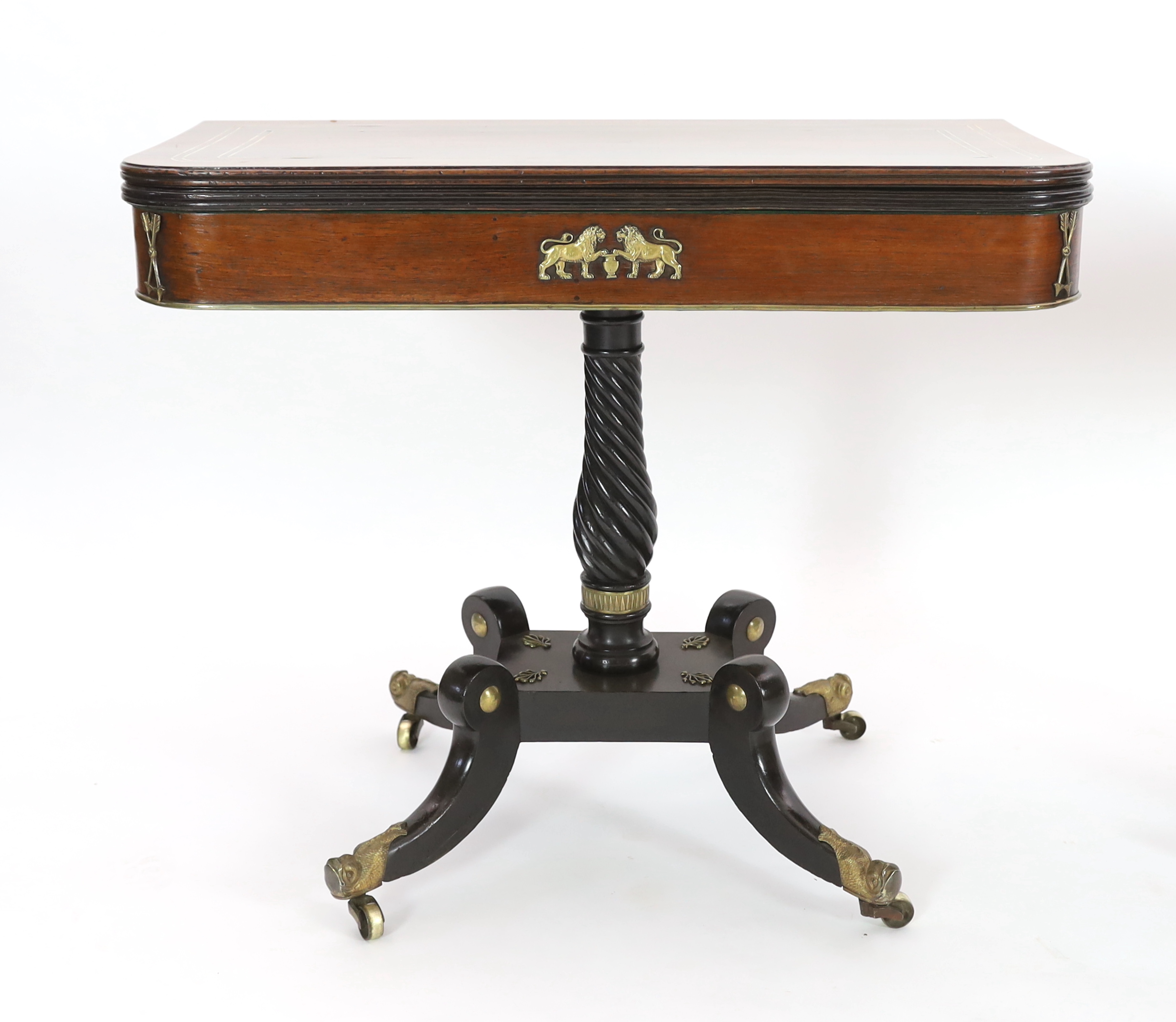 A pair of Regency brass inset rosewood and ebonised card tables 91cm wide, 45cm deep, 75cm high